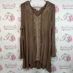 Araza dress or long top lace detail floral Chic Brown Embroidered Tunic Top